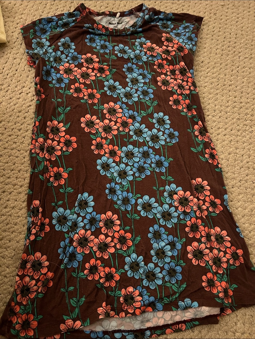 Mini Rodini Brown Dress with Blue and Coral Floral Pattern